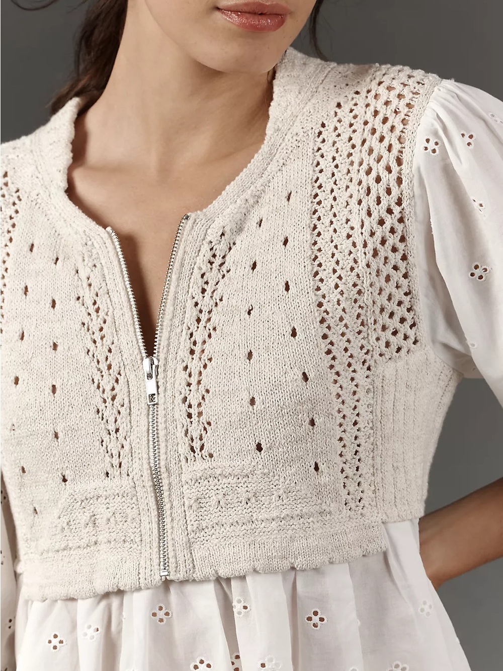 Anthropologie Half-Zip Sweater Vest Eyelet Knit Blouse Size Small Cottage Core - Picture 12 of 13